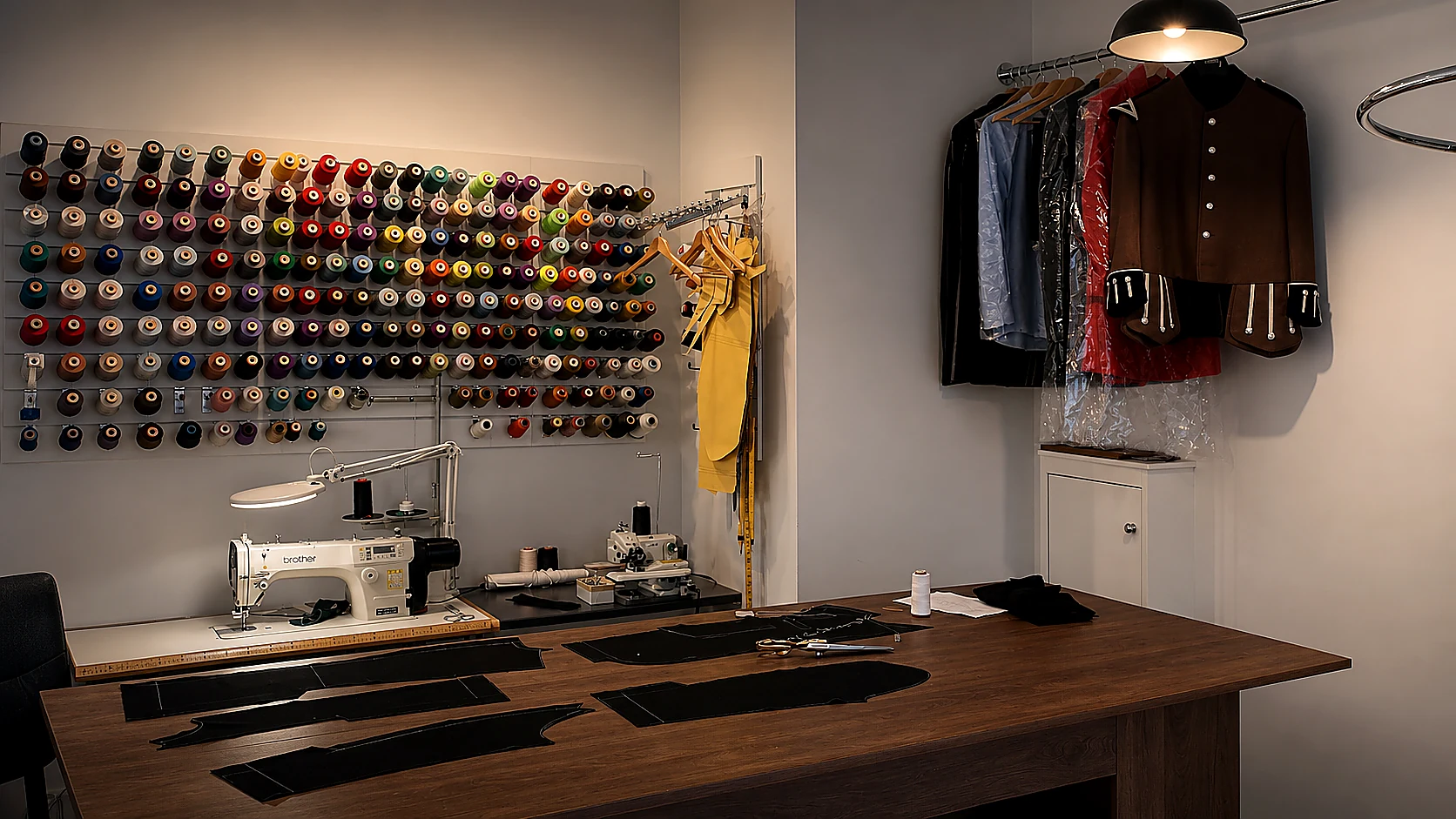 Chessington Tailor workshop with sewing machines, thread and garments