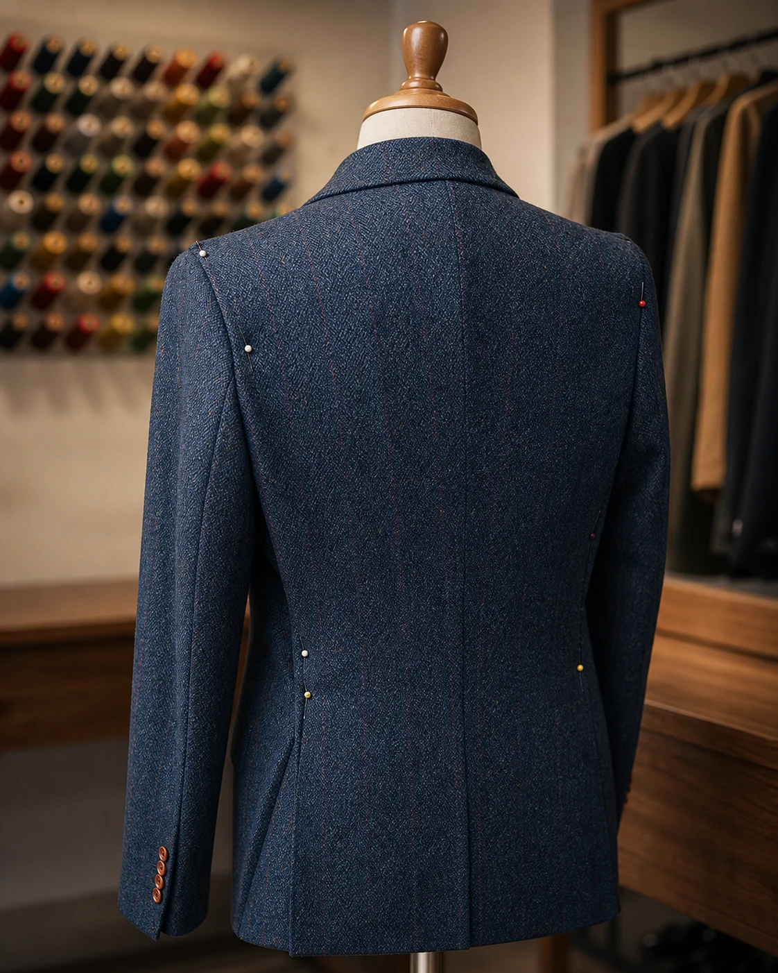 Pinned jacket on a mannequin at Chessington Tailor