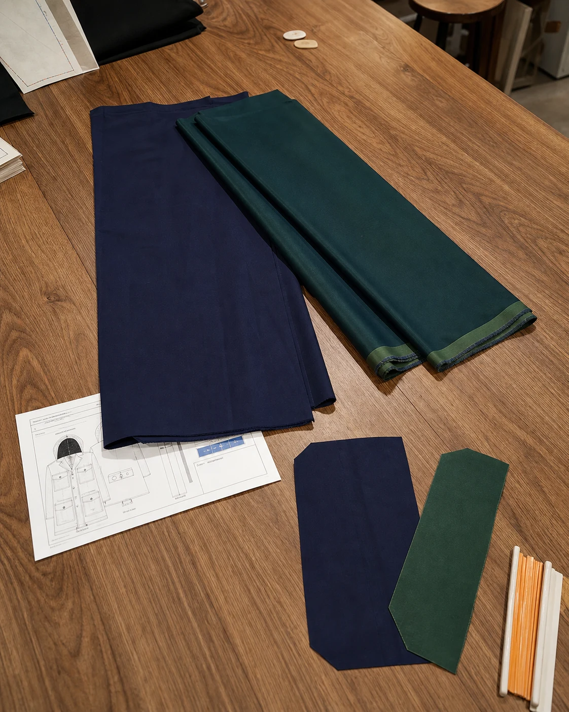 Fabric pieces and tailoring pattern on the Chessington Tailor work table